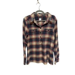 Patagonia Organic Cotton Plaid Pullover Shirt Women's Size 10 Navy Red Tan